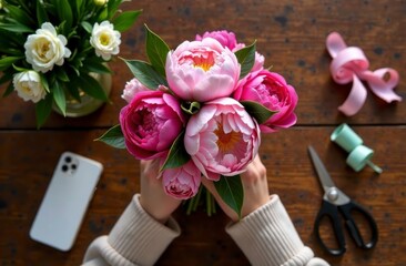 Hands arranging pink peonies bouquet on wooden table with smartphone