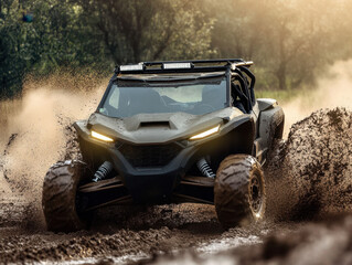 Obraz premium A powerful off-road vehicle speeds through thick mud, kicking up sprays of dirt as it navigates a rugged landscape. The warm glow of sunset enhances the adventurous atmosphere