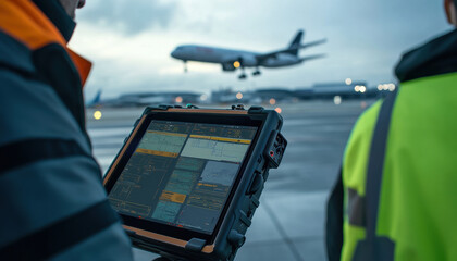 Air traffic controllers are utilizing a rugged tablet to track and manage flight operations as an airplane lands in the background on a dreary day