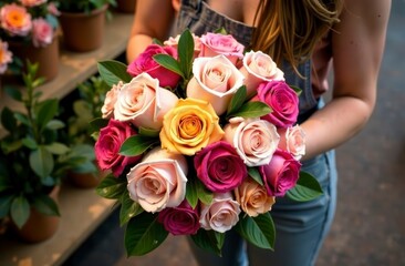 Young caucasian female holding vibrant bouquet of roses in floral shop