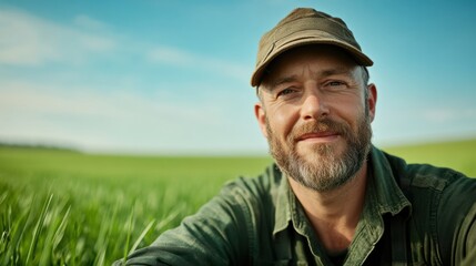 Fototapeta premium Agricultural Worker Smiling in Lush Green Field Under Clear Sky