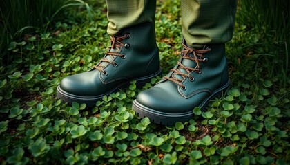 Close-up of sturdy green boots on a lush clover path, celebration, festival