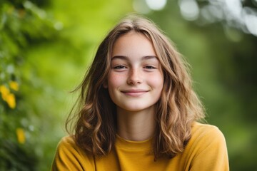 Cheerful young girl smiling outdoors in natural green background