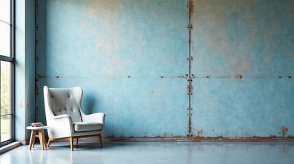 Serene Interior Design Featuring a Comfortable Wingback Chair Against a Weathered Blue Wall