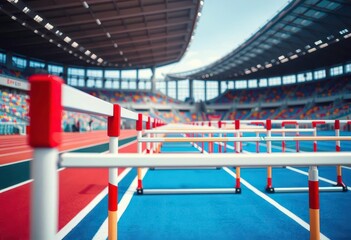 Close-up view of a vibrant athletics stadium, hurdles in place, ready for a race, finish, event