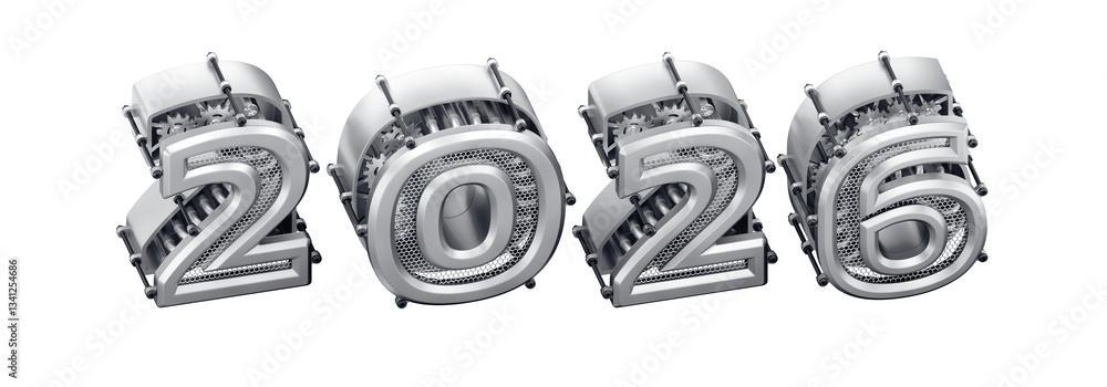 Poster the new technological year of 2026: a row of 3d digits forming the number 2026, isolated on a transp