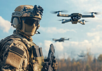 A soldier dressed in camouflage and a helmet stands alert, holding a firearm while observing multiple drones flying overhead in a tactical setting during daylight