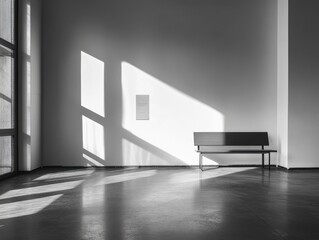 A wooden bench is placed in a room with a large window. The window is letting in a lot of sunlight, creating a bright and warm atmosphere. The bench is positioned in the shadow of the window