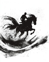 Ink-style silhouette of horse and rider in full gallop on white background, symbolizing speed and freedom. Perfect for equestrian sports, adventure themes, and dynamic graphic design.