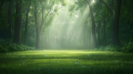Obraz premium Tranquil forest scene majestic trees and vibrant green grass in harmony lush