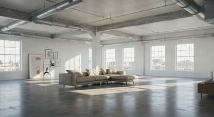 Sofa in Spacious Loft Apartment with Concrete Floor and Large Windows