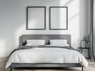 A bed with two white pillows and a black frame. The bed is in a room with a window
