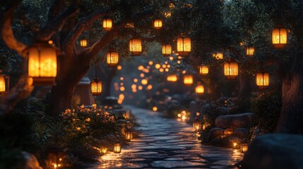Obraz premium Magical Floating Lanterns Pathway at Night