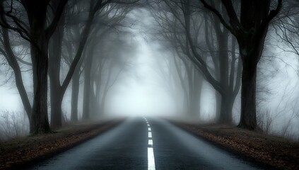 Mysterious Foggy Road Through Dark Trees Eerie Autumn Landscape Photography