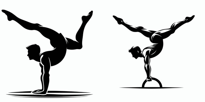 Sport artistic gymnastics dismounts silhouette shows dynamic body control as athletes fly through the air.