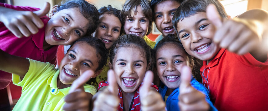 Close-up of happy children giving thumbs-up, showcasing unity, joy, and positivity, ideal for education or childhood concepts