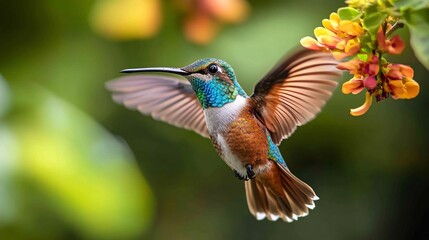 Fototapeta premium A beautiful hummingbird in flight near some lovely flowers