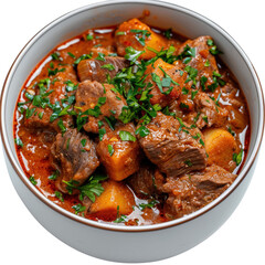 Fototapeta premium Rich and Flavorful Beef Stew with Potatoes in a White Bowl Garnished with Fresh Parsley