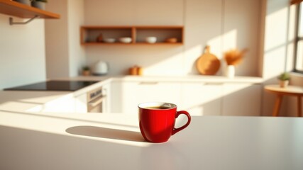 Obraz premium Morning sunlight illuminates a red mug of coffee on a kitchen counter