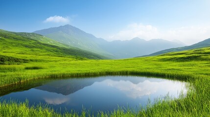 Naklejka premium Tranquil mountain vista small pond in grassy meadow with majestic peaks in the background