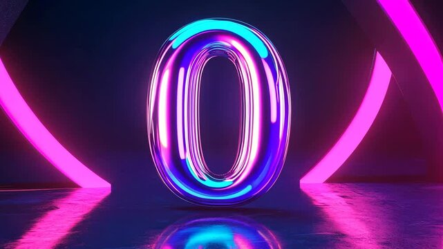 Futuristic 3D Neon Number Zero with Glowing Metallic Reflections, Video