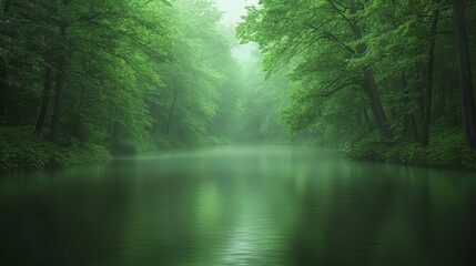 Obraz premium Serene river landscape small boat amidst lush riverside trees in tranquil nature