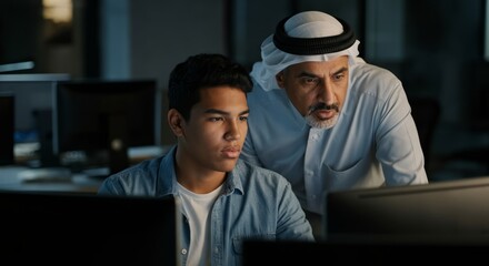 Middle-eastern adult male mentoring young male in office environment