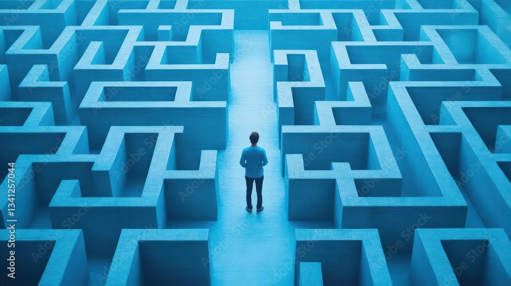 Poster Man standing in a maze deep in thought considering his options while surrounded by high walls and twisting paths