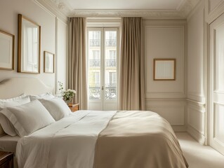 A bed with a white comforter and a white pillow. The bed is in a room with a white wall