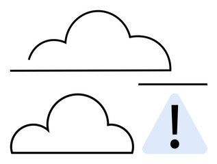 Cloud shapes paired with an exclamation mark triangle warning. Highlights caution, risk, or error in cloud-based systems or data. Ideal for technology, cybersecurity, communication, weather, risk