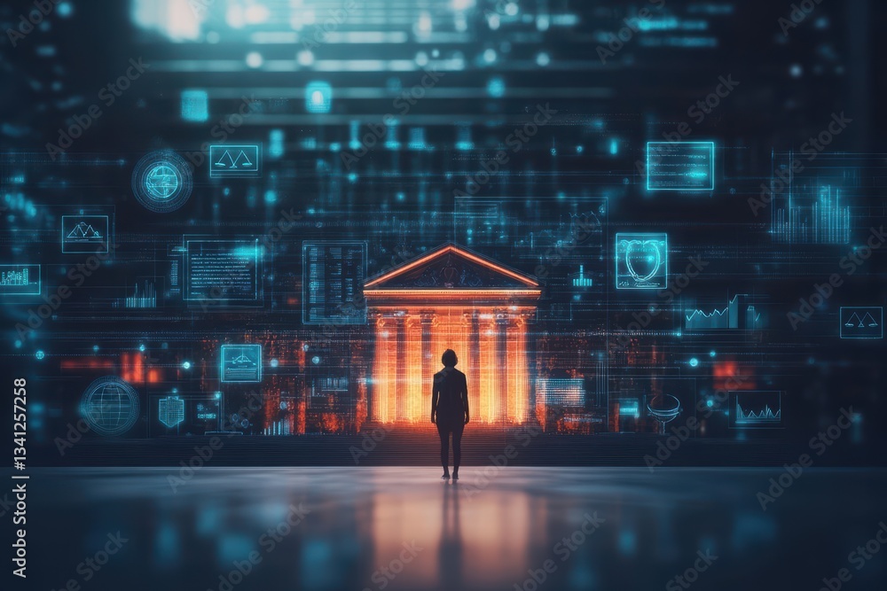 Poster Person standing in front of a building with a bright digital interface in the background creating a futuristic scene