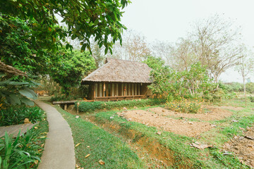 Local wooden house with tropical garden