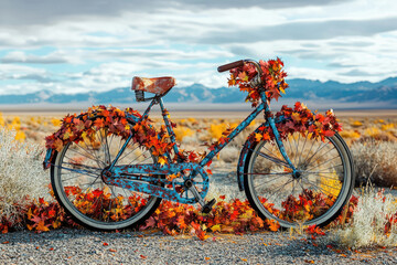 Fototapeta premium Rustic blue bicycle adorned with autumn leaves in a scenic desert landscape.