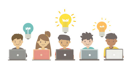 Professional digital marketing team brainstorming with laptops and light bulb