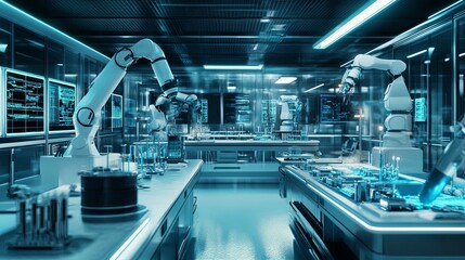 A futuristic laboratory with glowing screens, robotic arms, and scientific equipment digital