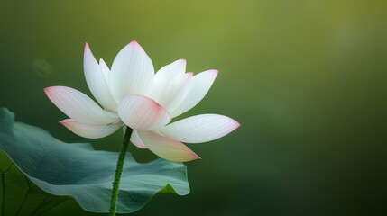 Obraz premium Closeup of delicate white lotus with soft pink petals in full bloom
