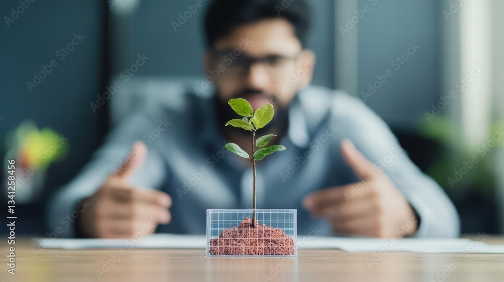 Poster startup founder at desk nurturing plant in plastic container showcasing growth and innovation in a m