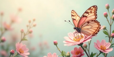 A delicate butterfly gracefully lands on a vibrant pink flower, amidst a soft-focus backdrop of blossoming springtime flora, bathed in gentle sunlight.
