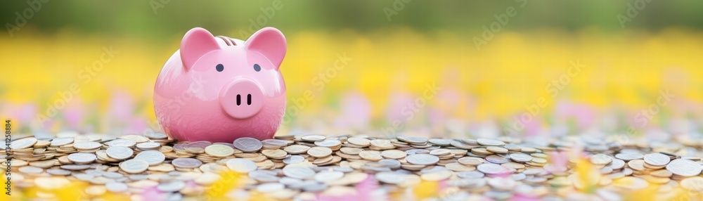 Poster adorable piggy bank displayed in center of image surrounded by coins representing savings and financ