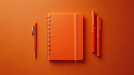 Orange notebook and pens on an orange surface