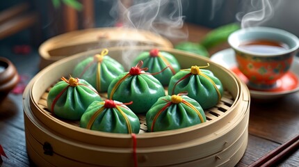 Steamed Green Bao Buns in Bamboo Steamer