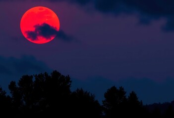 Obraz premium Crimson moon dominates stormy twilight sky, silhouetted trees , eerie, stormy sky