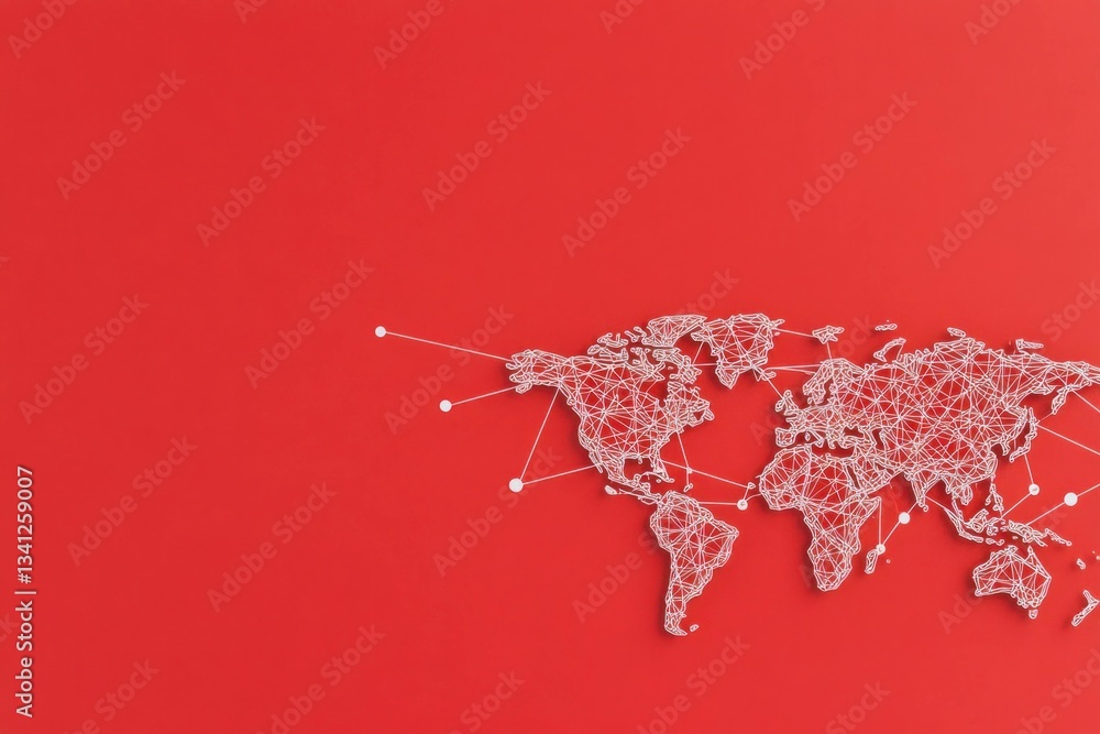Poster abstract world map illustration on a red background displaying connectivity and globalization, perfe