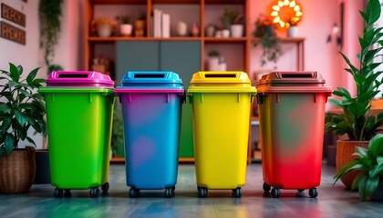 Colorful Recycling Bins in a Home Setting Promoting Eco-friendly Living