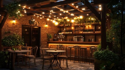 Outdoor patio bar at night,  cozy ambiance, perfect for drinks and conversation
