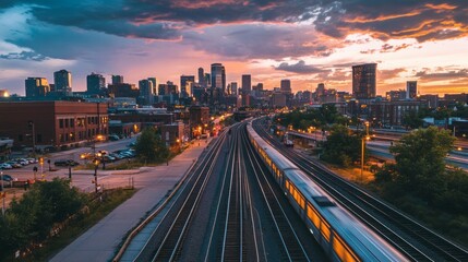 Obraz premium Train speeding through city at sunset.