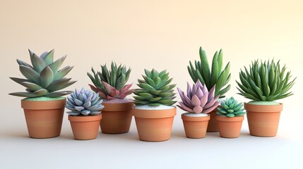 Obraz premium A collection of succulents in small terracotta pots, soft light highlighting the plant textures. digital