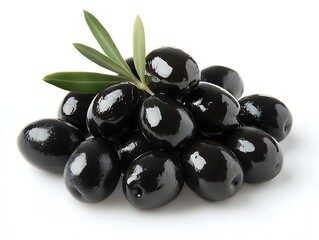 Black olives pile, stem, isolated on white. Gourmet ingredient