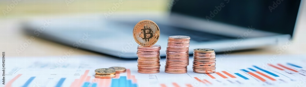 Aufkleber stack of coins next to laptop showing professional analyzing financial data and trends for business 