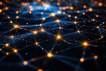 Abstract glowing network with orange and blue lights representing data flow.